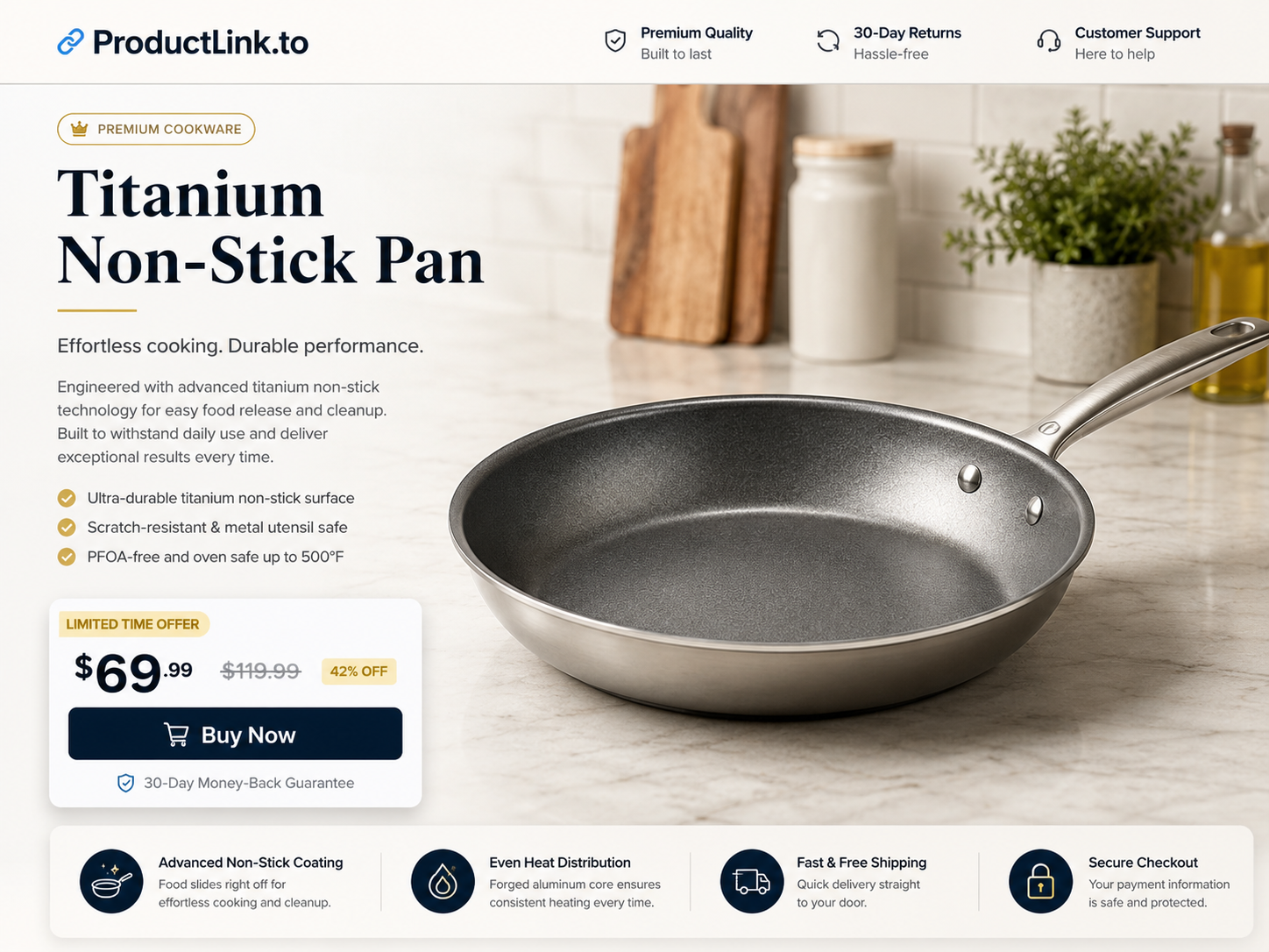 Titanium non-stick pan ProductLink sales page preview with price and buy now section