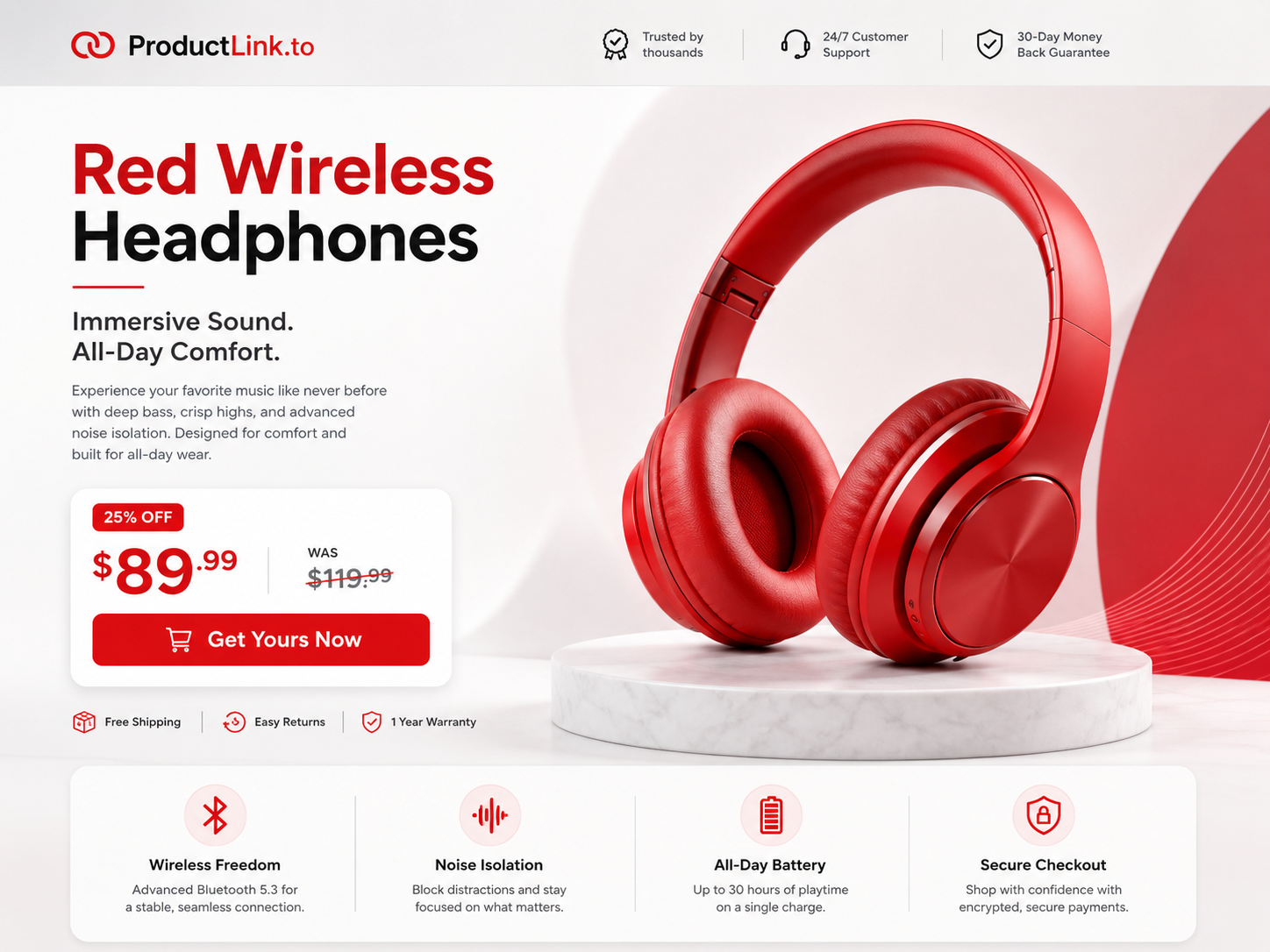 Red wireless headphones ProductLink sales page preview with product features and checkout section